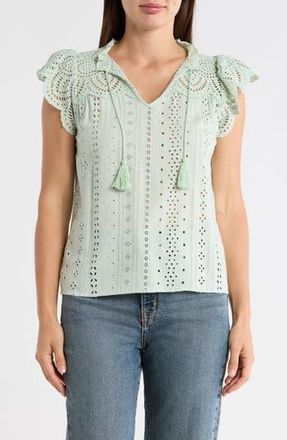 T Tahari Embroidered Eyelet Cap Sleeve Top in Green at Nordstrom Rack, Size X-Small