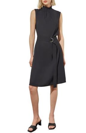 Ming Wang Smocked Mock Neck Cr&ecirc;pe de Chine Dress in Black at Nordstrom Rack, Size X-Small