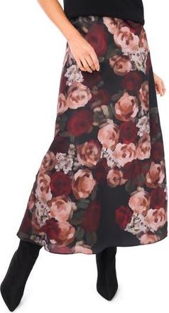 Halogen Floral Charmeuse Midi Skirt in Rich Black at Nordstrom Rack, Size Small