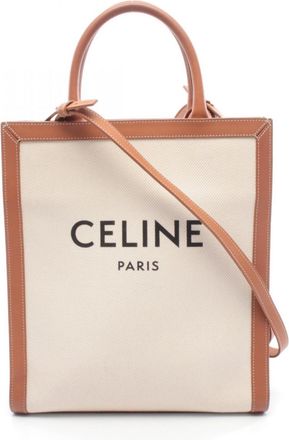 Celine Brown Ivory Canvas Leather Handbag Tote Bag (Pre-Owned)
