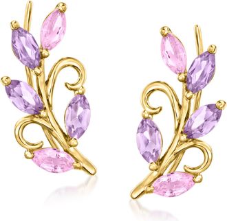 Ross-Simons Amethyst and. Pink Sapphire Vine Ear Climbers in 14kt Yellow Gold