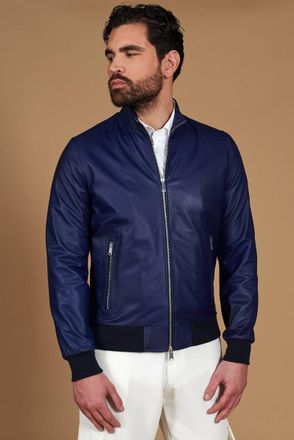 D'Arienzo Giubbotto bomber in pelle naturale blu elettrico colletto coreana DArienzo, Seleziona Taglia 44, Colore Bluette