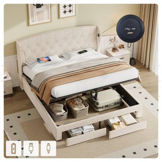 Matteo Double Upholstered Storage Bed - Beige