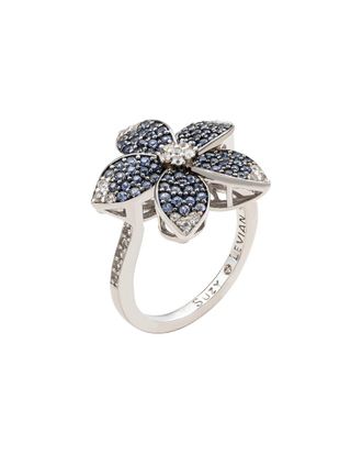 Suzy Levian Silver 0.02 Ct. Tw. Diamond & Blue Sapphire & Created White Sapphire Flower Ring