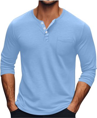 Generic Henley Shirts for Men Long Sleeve Front Pocket Casual T-Shirts Washed Soft Classic Tee Loose Fit Half Button Shirt Comfy Breathable Running Top Busine