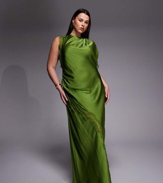 Forever New Vestito lungo in raso e pizzo con spalle asimmetriche verde