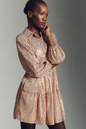 Maeve The Bettina Sequin Tiered Mini Shirt Dress by Maeve
