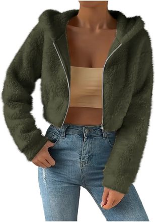 Generic Womens Fleece Cropped Jacket - Fuzzy Fluffy Winter Warm Short Coats, Hooded Long Sleeve Zip Up Pullover Tops, Loose Casual Thermal Sweatshirts, Ladies