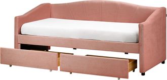 Beliani Cama Con Almacenaje 90 X 200 Tama&ntilde;o Individual Tapizado Poli&eacute;ster Somier Madera Eucalipto Cajones Contrachapado Moderno Rosa Vittel
