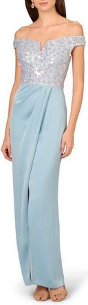Adrianna Papell Beaded Off the Shoulder Mixed Media Gown in Clear Water at Nordstrom, Size 16