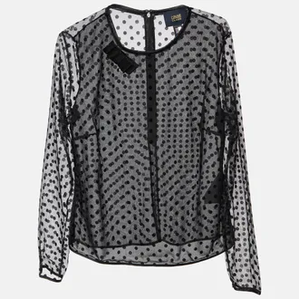 Roberto Cavalli Black Flock Dotted Tulle Sheer Blouse