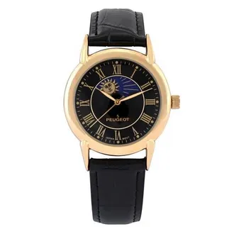 Peugeot Sun-Moon Vintage Leather Strap Watch - 40MM in Black at Nordstrom