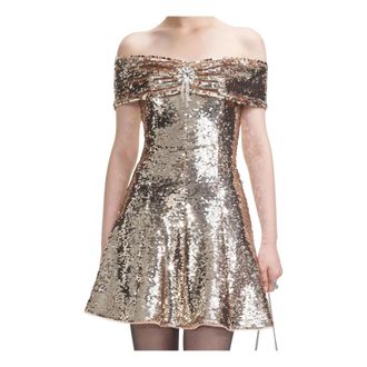 Self Portrait Gouden Metallic V-Hals Maxi Jurk - Dames - Feestkleedjes - Geel - S - Chiffon - Kleedjes
