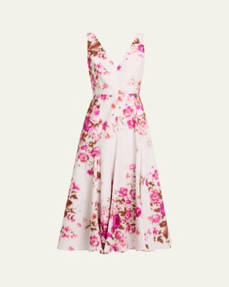 Erdem Floral Print Cotton Sleeveless V-Neck Midi Dress
