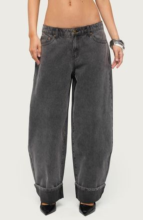 Edikted Kella Low Rise Baggy Wide Leg Cuffed Jeans in Black-Washed at Nordstrom, Size X-Small