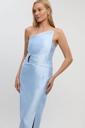 Karen Millen Womens Satin Twill Trim Detail Structured Asymmetric Neck Tailored Midi Dress - Pale Blue - Size 10 UK