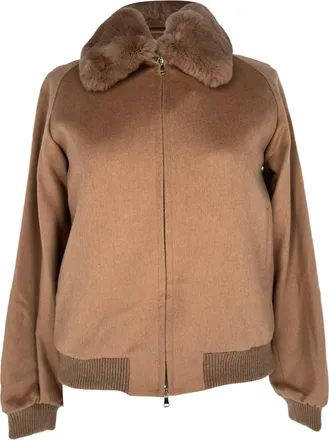 Max Mara Fur-Trimmed Bomber Jacket in Brown Camel Hair