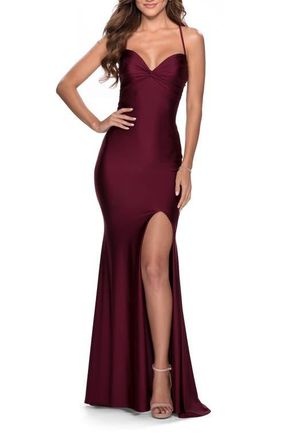La Femme Form Fitting Dress with Ruched Bow Bodice in Dark Berry at Nordstrom, Size 12