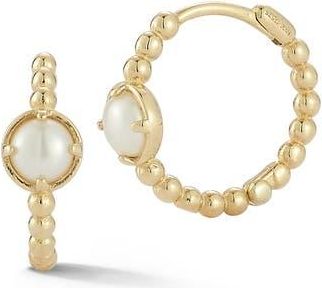 Ember Fine Jewelry 14K Gold Cultured Pearl Beaded Huggie Hoop Earrings in Gold/White at Nordstrom Rack