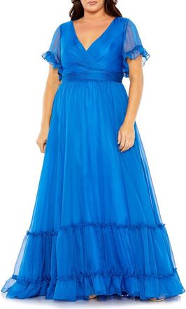 Mac Duggal Chiffon Faux Wrap Flutter Sleeve Tiered Gown in Ocean Blue at Nordstrom, Size 16W