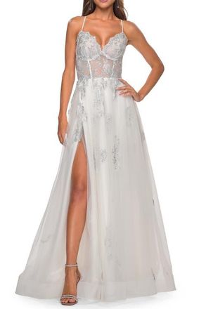 La Femme A-Line Tulle Gown with Scallop Detail Bodice and Lace Applique in White at Nordstrom, Size 10