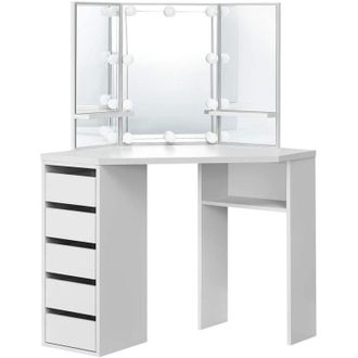 ML Design ML-Design Tavolino Cosmetico da Trucco ad Angolo Spogliatoio con Illuminazione LED 3 Specchi 5 Cassetti 3 Scomparti 110x141,5x54 cm Tavolo Toelette