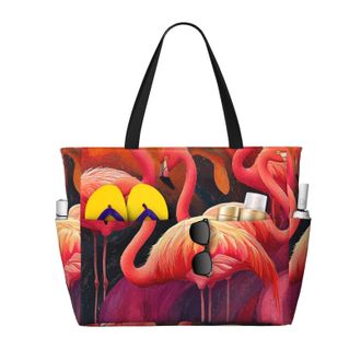 Generic Pink Flamingo Print Large Beach Bag Foldable Travel Shoulder Tote Bag With Pocket For Weekender Pool Vacation