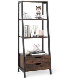 Costway Scaffale a Scala, Libreria in Legno a 4 Ripiani con 2 Cassetti, Scaffale Salvaspazio da Terra per Camera da Letto, Studio, Ufficio e