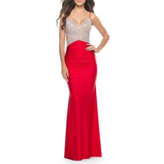 La Femme Ruched Gown with Rhinestone Bodice and Side Cutouts in Red at Nordstrom, Size 0
