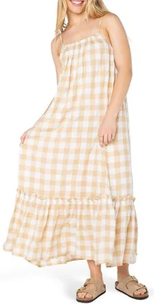 Roxy Sunchaser Check Sleeveless Maxi Dress in Beige Pucker Up Y/D Plaid at Nordstrom, Size X-Small