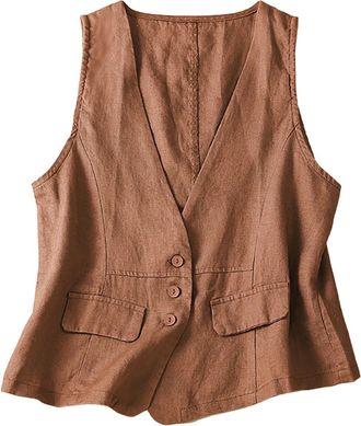 Generic Cotton Linen Vest for Women Casual Loose V Neck Sleeveless Button Front Vests Jacket Blazer Waistcoat with Pockets (Z05-Orange, XL)