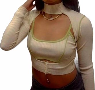 Rehab Nona Two Piece Sweater Cardigan Knit Crop Top Set In Cream & Green