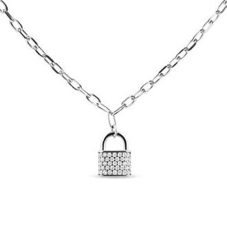 House of Brilliance Silver 1/4 Cttw Diamond Lock Pendant Necklace with Paperclip Chain in White at Nordstrom, Size 16