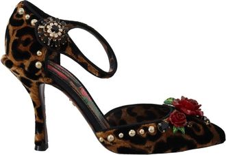 Dolce & Gabbana Luipaard Enkelband Sandalen met Bloemversieringen - Dames - Pumps - Bruin - 36 EU - Leer - Schoenen