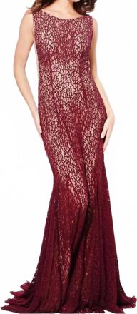 Jovani Bateau Stretch Lace Trumpet Evening Gown In Plum