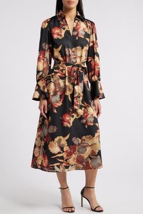 Julia Jordan Floral Long Sleeve Midi Shirtdress in Black And Orange at Nordstrom Rack, Size 14