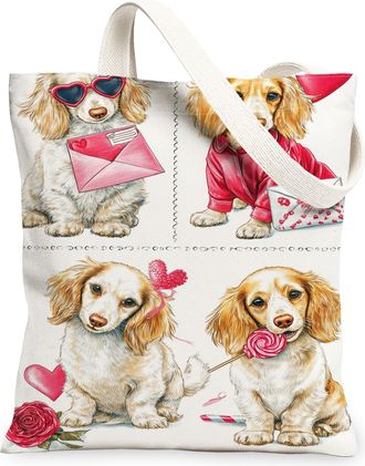 Generic Cute Dog Canvas Tote Bags, Puppy Pattern Reusable Grocery Bags, Vintage Lightweight Washable Shoulder Strap Canvas for Trav, White, 13x15 Inch