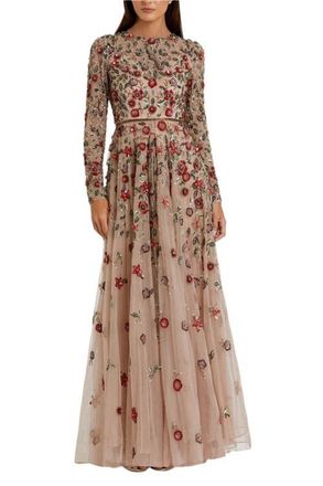 Mac Duggal Womens Embellished High Neck Long Sleeve A Line Gown in Antique Rose at Nordstrom, Size 12