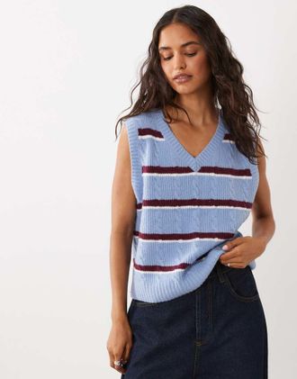 Abercrombie & Fitch gilet lavorato a maglia con scollo a V a righe marroni e blu