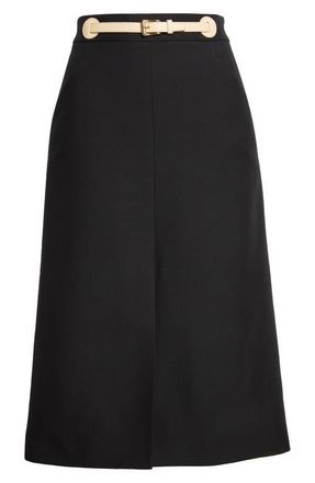 Valentino Garavani Belted Virgin Wool & Silk Midi Skirt in Black/Light Hazelnut at Nordstrom, Size 2 Us