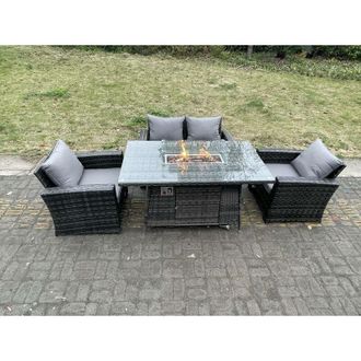Fimous Rattan Outdoor Furniture Gas Fire Pit Rectangle Dining Table Gas Heater Chairs Two Seater Love Sofa Sets 4 Seater - Fimous