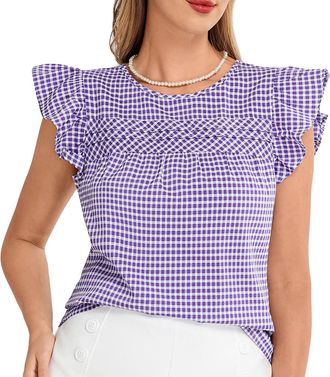 Belle Poque Women Plaid Blouses Casual Lightweight Crew Neck Pleated Tunic T Shirts Purple and White L