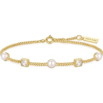 Ania Haie Cultured Pearl & Cubic Zirconia Station Bracelet in Shiny Gold at Nordstrom