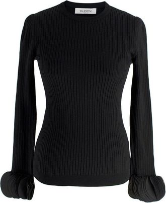 Valentino Garavani Valentino Black Silk Georgette-Trimmed Ribbed Stretch-Knit Sweater Size S