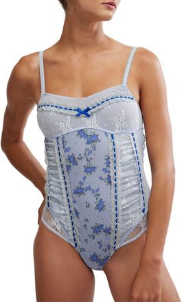 Free People Sara Floral Print Lace Corset Bodysuit in Blue Combo at Nordstrom Rack, Size X-Small