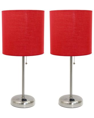 Lalia Home Brushed Steel Stick Lamp With Charging Outlet And Fabric Shade 2Pk Set