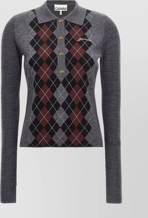 Ganni diamond pattern knit polo collar sweater