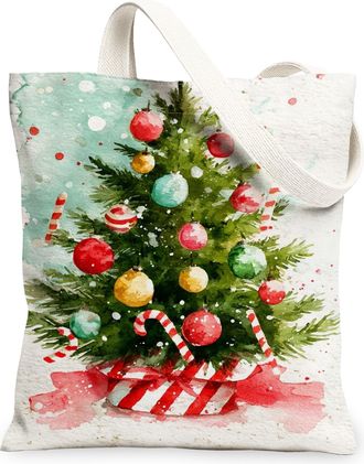 Generic Christmas Tree Canvas Tote Bags, Holiday Design Reusable Grocery Bags, Artistic Lightweight Washable Shoulder Strap Canvas for Travel 13x15 Inch