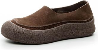 Generic Qynthra Womens Cowhide Leather Slip On Loafers Round Toe Memory Foam Platform Flat Shoes Comfortable Non Slip Walking Shoes for Work & Daily Wear,Coff