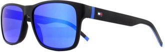 Tommy Hilfiger Rectangle Mens Matte Black Blue Mirror Sunglasses - One Size